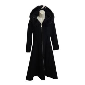 Y2K Bebe Long Peacoat XS Black Wool Blend Fur Lined Hood Coat Flattering A-Line